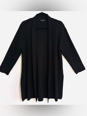 Eileen Fisher Merino Wool Open Front Cardigan Black M Minimalist Quiet Luxury